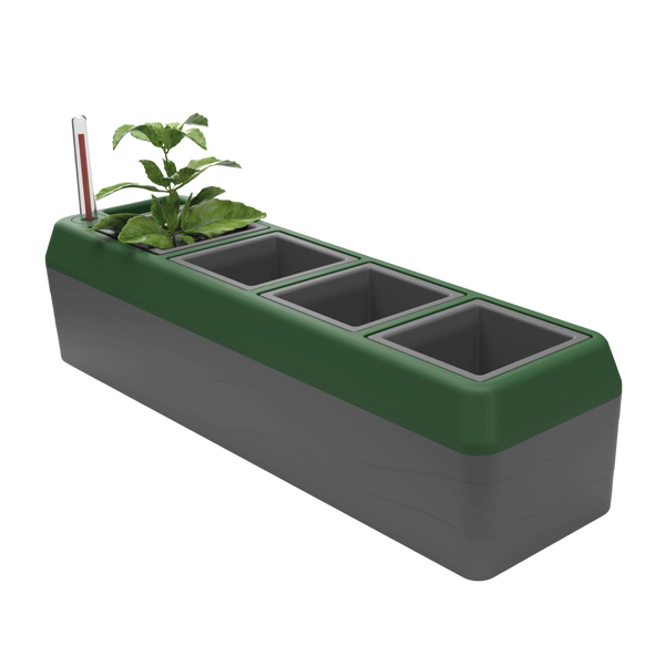 Kräutertopf mit vier Fächern, Bewässerungssystem und Wasserstandsanzeige aus Kunststoff in Grau und Grün.