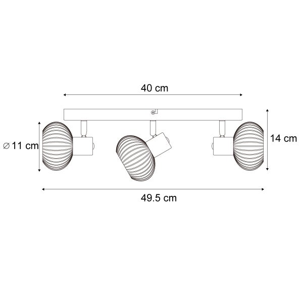 Technische Zeichnung einer Deckenleuchte mit drei Strahlern und Maßangaben