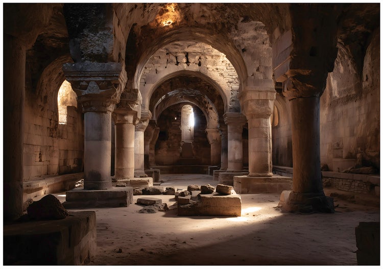 Historisches Gewölbe aus Naturstein mit massiven Säulen und Rundbögen, durch die natürliches Licht fällt.