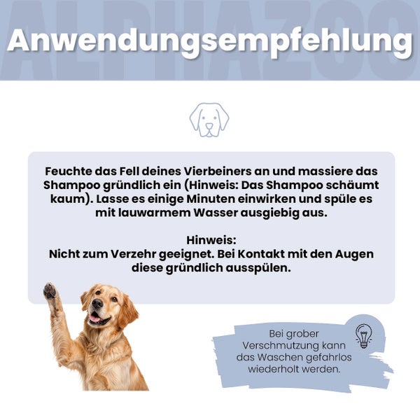 Anwendungsempfehlung für Hundeshampoo mit Hinweisen zur Anwendung und einem Hund