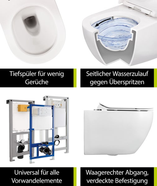 aquaSu® Wand WC Spülrandlos 2.0, innovative Swirl Spültechnik, Spritzfrei & leise, Umweltfreundlich, Wasserzulauf seitlich, WC-Set Tondo, WC-Sitz mit Absenkautomatik, Duroplast Weiß, 049979