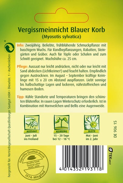 Rückseite der Samentüte Vergissmeinnicht Blauer Korb mit Infos zu Aussaat, Keimung bei 12 bis 18 Grad, Blütezeit und Quedlinburger Saatgut Logo.