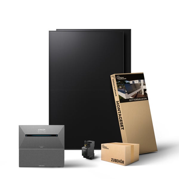 Balkonkraftwerk Set mit zwei Solarmodulen, Anker SOLIX Solarbank 2 Pro Speicher, Smart Meter, Montageset für Gitterbalkon und Zubehör.