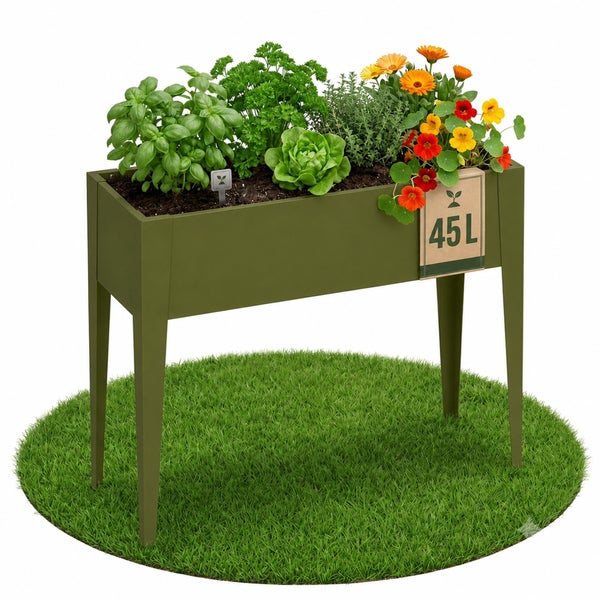Grünes Hochbeet auf Beinen mit 45 Litern Fassungsvermögen, bepflanzt mit Kräutern und Blumen, auf einer runden Rasenfläche.