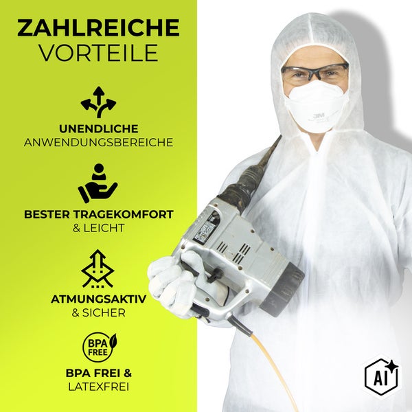 Größentabelle für einen Overall mit Angabe von Körpergröße und Brustumfang.