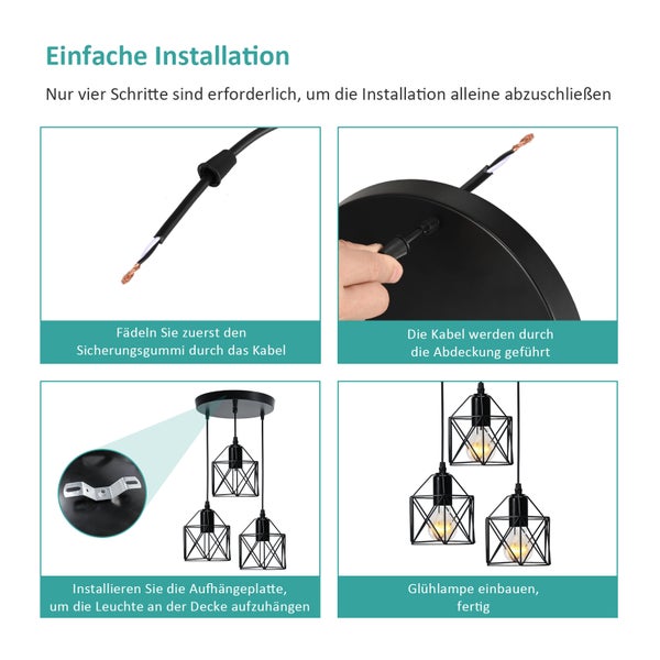 Anleitung zur Installation einer Pendelleuchte mit Kabeldurchführung, Deckenbefestigung und Glühbirnenmontage