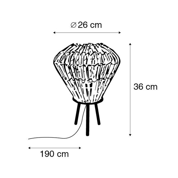 Technische Zeichnung einer Tischleuchte mit Abmessungen: Durchmesser 26 cm, Höhe 36 cm, Kabellänge 190 cm.