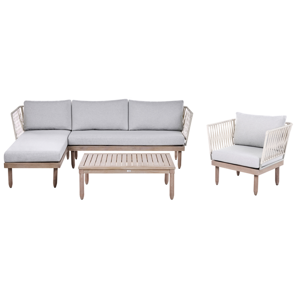 Garten-Lounge-Set bestehend aus Ecksofa, Sessel und Couchtisch mit Holzgestell, Seilbespannung und hellgrauen Polstern.