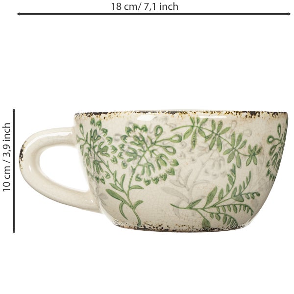 Große Keramiktasse mit grünem Blattmuster und Craquelé-Glasur, Höhe 10 Zentimeter, Breite 18 Zentimeter.