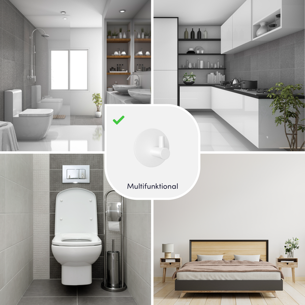 Multifunktionaler Wandhaken für verschiedene Räume wie Badezimmer, Küche, Gästetoilette und Schlafzimmer.