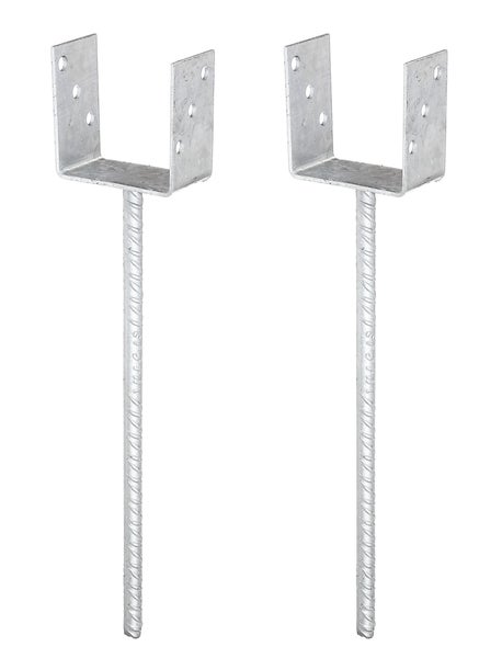 Zwei feuerverzinkte U-Pfostenträger mit Betonanker zum Einbetonieren für Holzbalken.