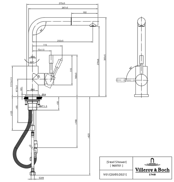 Villeroy & Boch Küchenarmatur Steel Shower, Hochdruck-Armatur, ausziehbare Brause, wassersparend, Edelstahl massiv