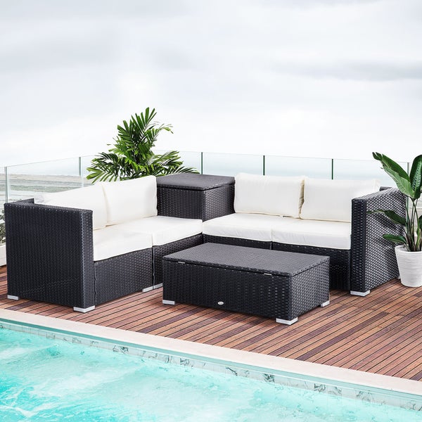 Outsunny 6 tlg. Polyrattan Gartenmöbel Set Sitzgarnitur mit Kissen Sitzgruppe Gartenset Sofagarnitur Lounge Tisch mit Stauraum Stahl Luxus Schwarz+Creme
