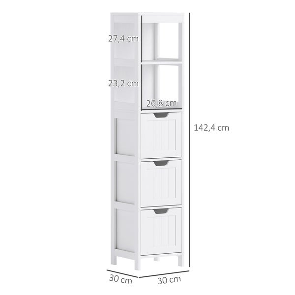 HOMCOM Badezimmerschrank Badschrank, Bad Hochschrank mit 3 Schubladen, 2 offenen Fächern, Aufbewahrungsschrank für Badezimmer, Wohnzimmer, Weiß, 30 x 30 x 142,4 cm