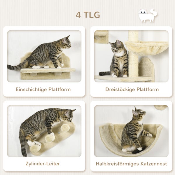 PawHut Katzen Kletterwand 4 tlg. Klettern Katzenkratzbaum mit Kaztentreppe, Hängematte, Sprungplatt, Wandkratzbaum, Wand Katzenmöbel für Katzen bis 5 kg, Polyester, Beige
