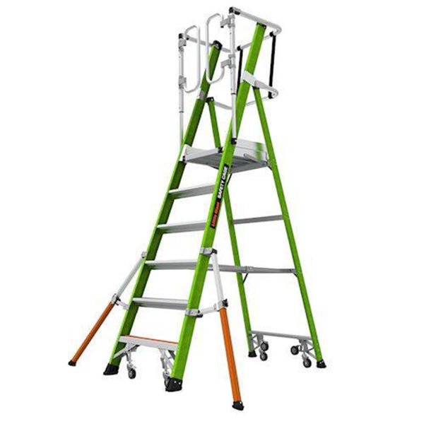 Little Giant Safety Cage Stehleiter aus Fiberglas mit Sicherheitsgeländer, Plattform und Rollen für sicheren Höhenzugang.