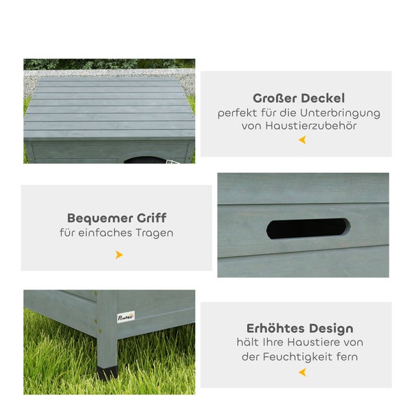 Detailansicht einer grauen Hundehütte aus Holz mit großem Deckel, Griff und erhöhtem Design