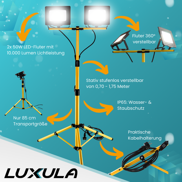 LUXULA LED Baustrahler mit Stativ 2x50W 4000K Neutralweiß 10000Lm IP65 Strahler mit Schutzkontaktstecker
