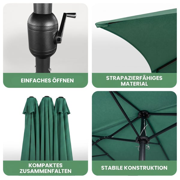 Sonnenschirm mit Kurbel zum Öffnen, strapazierfähigem Material, kompaktem Faltmechanismus und stabiler Konstruktion.