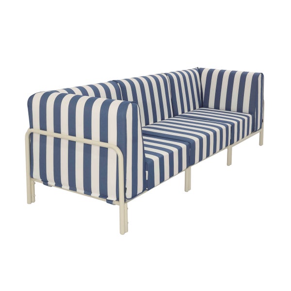 Gartensofa 3-Sitzer mit blau-weiß gestreiften Polstern und einem Gestell aus Metall.