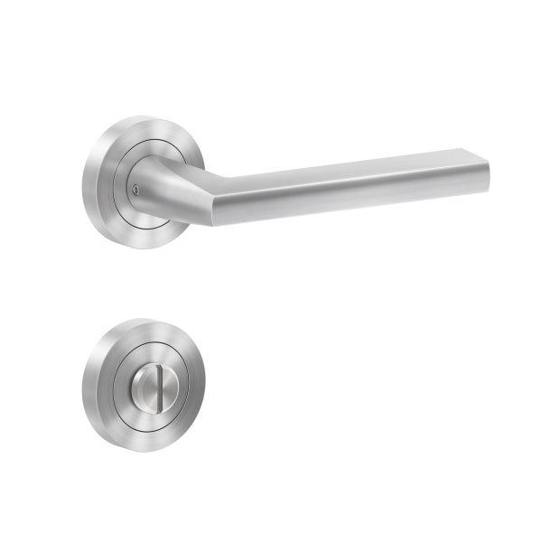 Türdrückergarnitur für Bad- und WC-Türen, modernes Design aus matt gebürstetem Edelstahl mit Rundrosetten und Verriegelung.