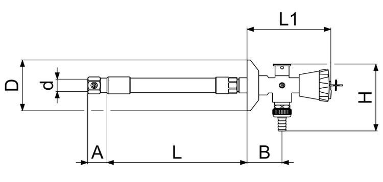 Technische Zeichnung einer frostsicheren Außenarmatur mit Maßangaben für Länge, Durchmesser und Höhe.