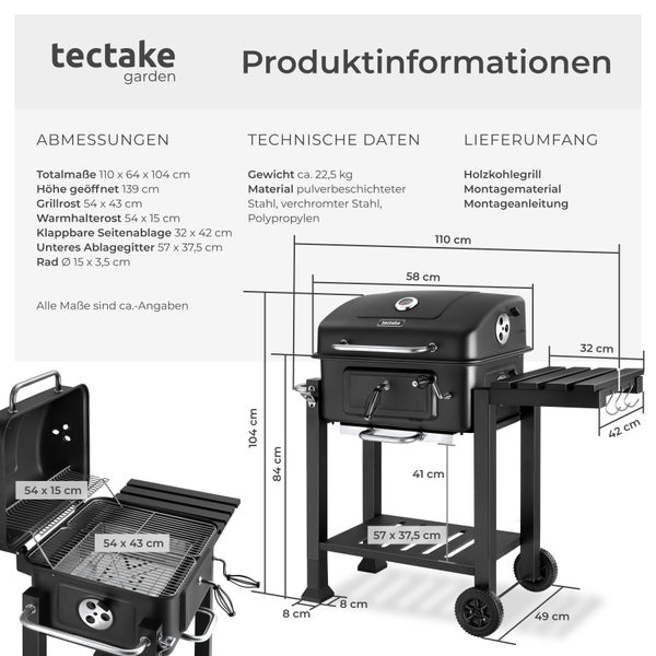 tectake garden Logo und Produktinformationen zum Holzkohlegrill mit Abmessungen, technischen Daten und Lieferumfang.
