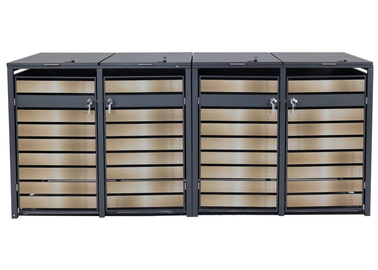 Vier Mülltonnenboxen mit horizontaler Holzverkleidung und abschließbaren Türen