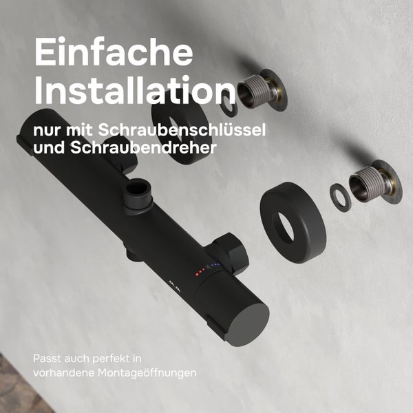 Explosionsansicht einer Thermostat Armatur mit Installationszubehör und Montagehinweis zur einfachen Wandmontage.