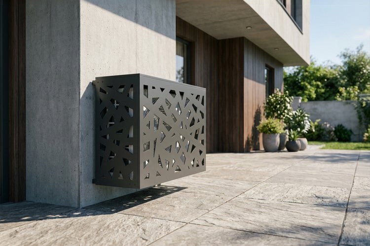 Moderne Wärmepumpenverkleidung aus Metall mit geometrischem Muster, wandmontiert an einem Haus auf einer gefliesten Terrasse.