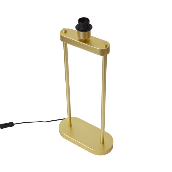 Goldfarbener Tischleuchtenfuß aus Metall mit E27 Fassung und schwarzem Kabel mit Schalter.