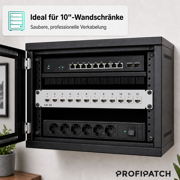 10 Zoll Wandschrank für Netzwerktechnik mit Patchpanel Kategorie 6A, Switch, Bürstenleiste und Steckdosenleiste. PROFIPATCH Logo.