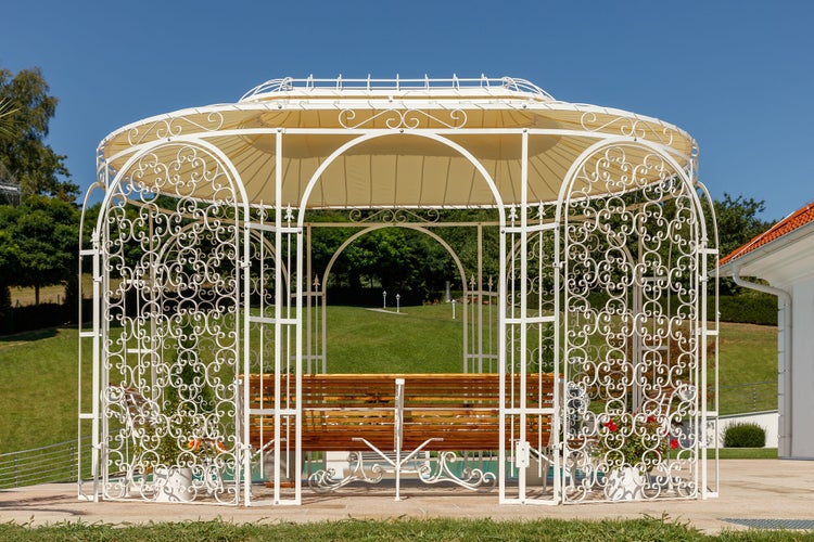 Pavillon ELEO Verona 4 x 2,9 m weiß - pulverbeschichtet | mit Sonnensegel ecru