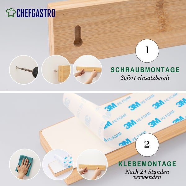 CHEFGASTRO Logo und Montageanleitung für Bambusprodukt: Darstellung von Schraubmontage und Klebemontage mit 3M Klebestreifen.