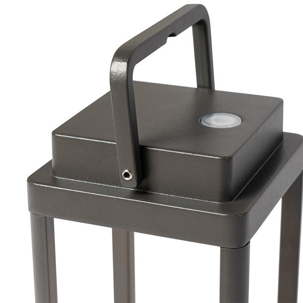 Tragbare Gartenleuchte aus Metall in Anthrazit mit Tragegriff und integriertem Schalter an der Oberseite.