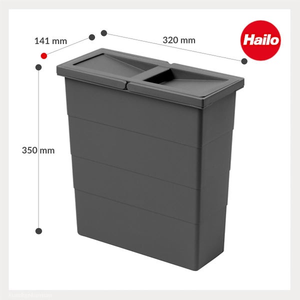 Kunststoffbehälter mit Deckel, Maße 350 Millimeter Höhe, 141 Millimeter Breite, 320 Millimeter Tiefe, Hailo Logo.