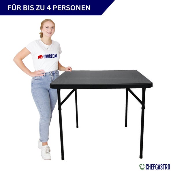 Schwarzer quadratischer Klapptisch für bis zu vier Personen mit Metallgestell. Proregal Logo. ChefGastro Logo.