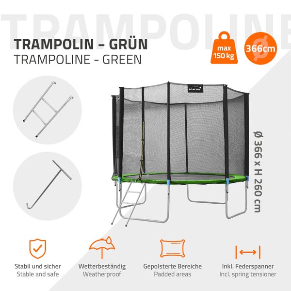 Hauki Trampolin Outdoor, Ø366 cm, Grün, GS geprüft, Rundes Gartentrampolin für Kinder bis 150 kg, Komplettset mit Sicherheitsnetz, Leiter, Randabdeckung, Gepolsterte Stangen, Stabile Kindertrampolin