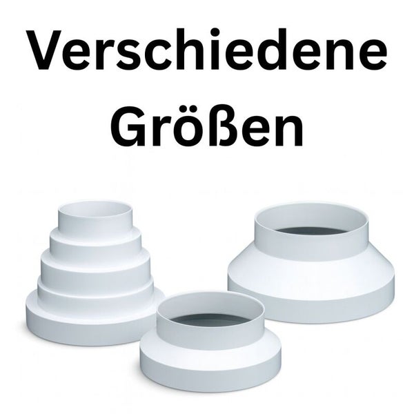 Drei verschiedene Reduzierstücke für Lüftungsrohre zur Verbindung unterschiedlicher Rohrdurchmesser