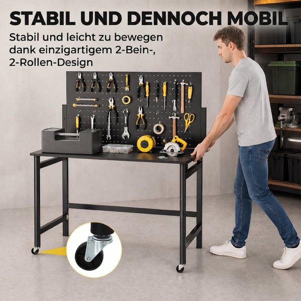 Mobile Werkbank aus Metall mit Lochwand und Werkzeug, eine Person bewegt die Werkbank auf zwei Rollen.