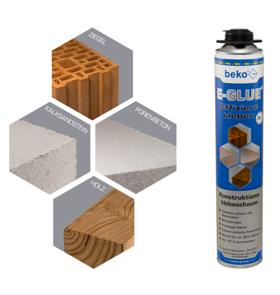 Beko E-Glue Konstruktionsklebeschaum zur Verklebung von Ziegel, Kalksandstein, Porenbeton und Holz