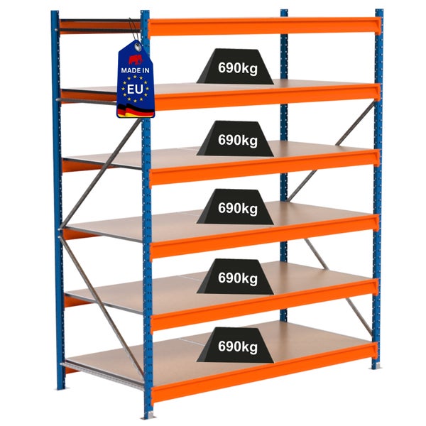 Schwerlastregal mit fünf Regalböden und einer Traglast von 690 kg pro Ebene