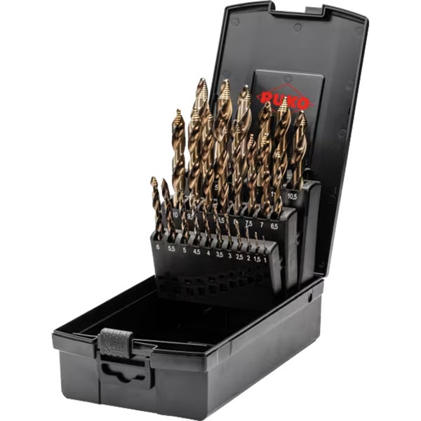 Mehrteiliges Set goldfarbener Metallbohrer in einer schwarzen Kunststoffbox von Ruko.
