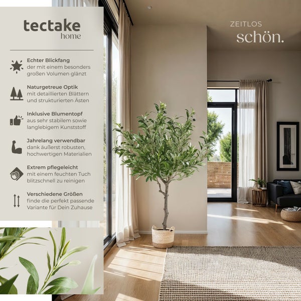 Künstlicher Olivenbaum im Topf in einem hellen Wohnraum