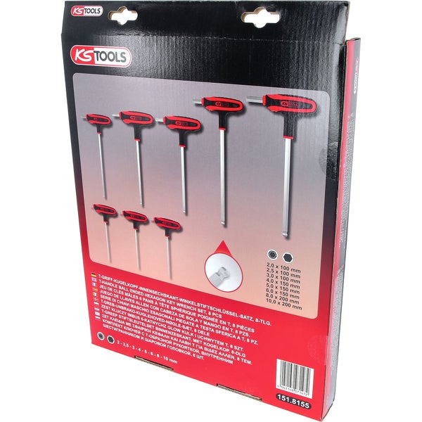 KS Tools Logo. Satz Innensechskant-Winkelstiftschlüssel mit T-Griff und Kugelkopf, 8-teilig