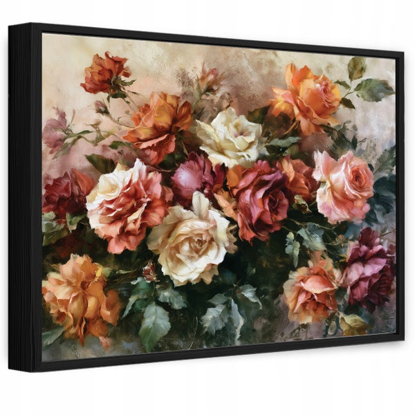 Wandbild mit einem Ölgemälde von einem Rosenstrauß in einem schwarzen Rahmen.