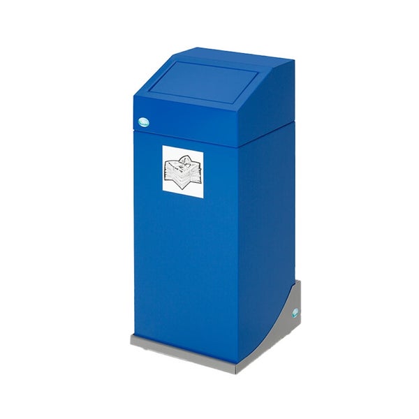 Blauer Papier-Müllsammler mit Einwurfklappe und Papiersymbol.