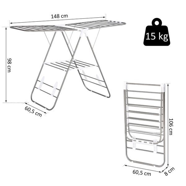 HOMCOM faltbarer Wäscheständer, 60,5 x 148 x 98 cm, Kunststoff, Silber, Weiß