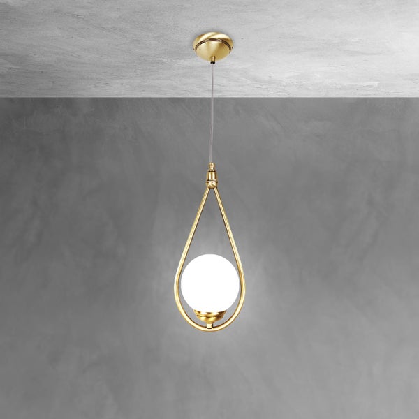 Hängelampe mit tropfenförmigem, goldenem Rahmen und weißem Kugelschirm