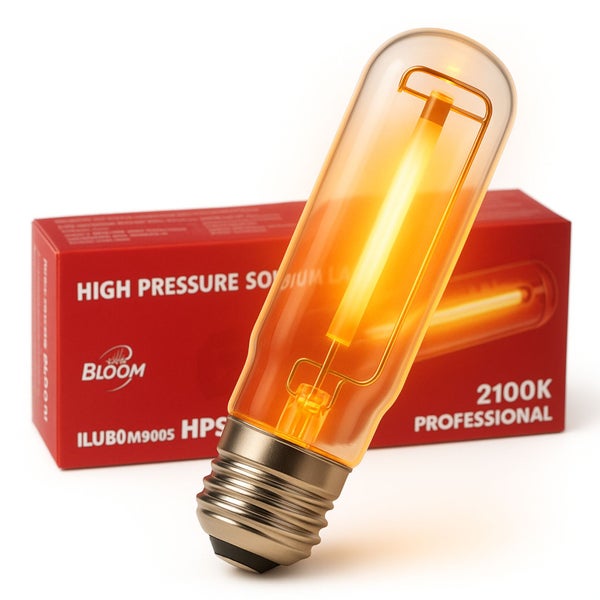 Hochdruck-Natriumdampflampe Professional mit 2100 Kelvin Farbtemperatur vor Verpackung mit Bloom Logo.